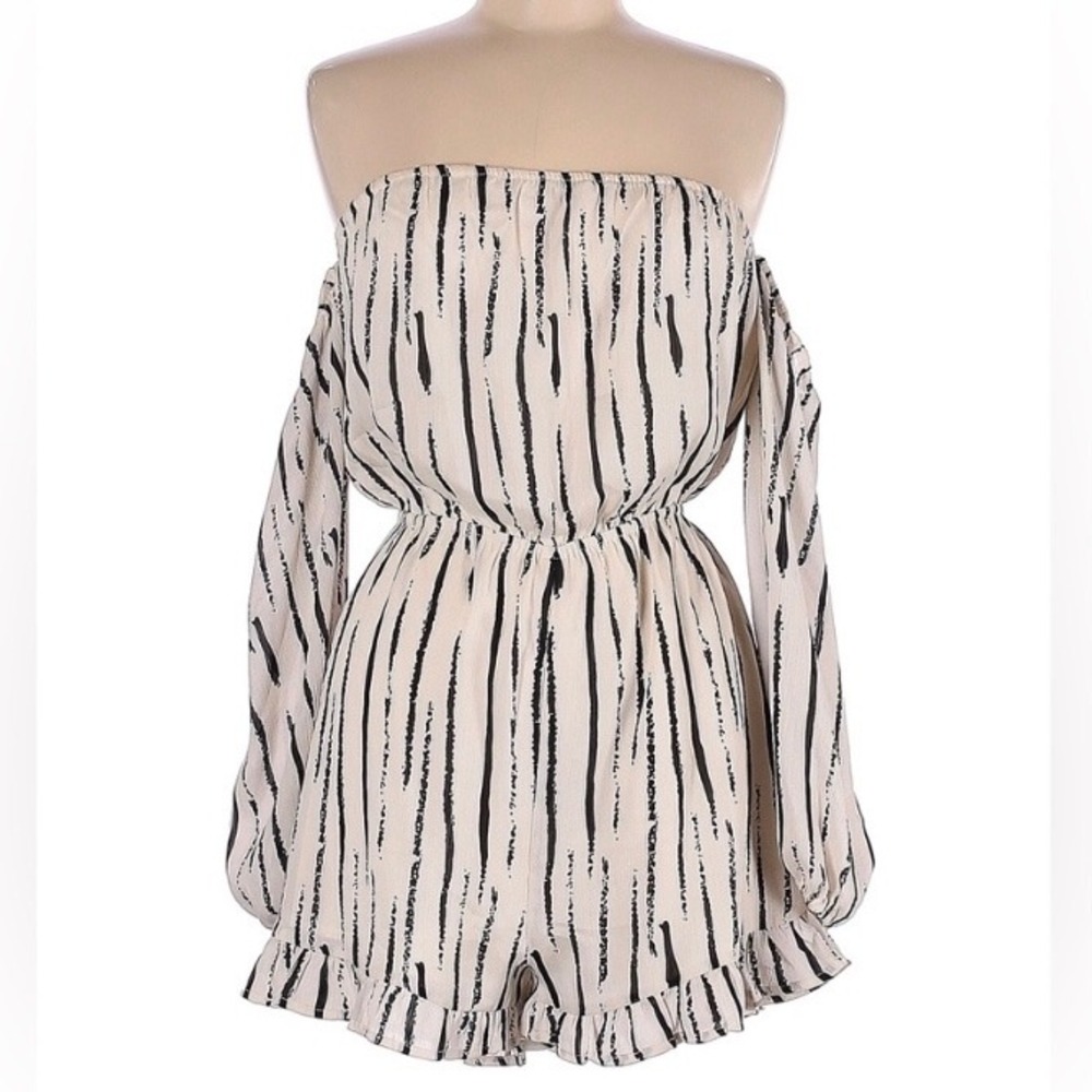 Wild Honey Womens Off Shoulder Romper Cream Black Stripe Balloon Sleeve Medium